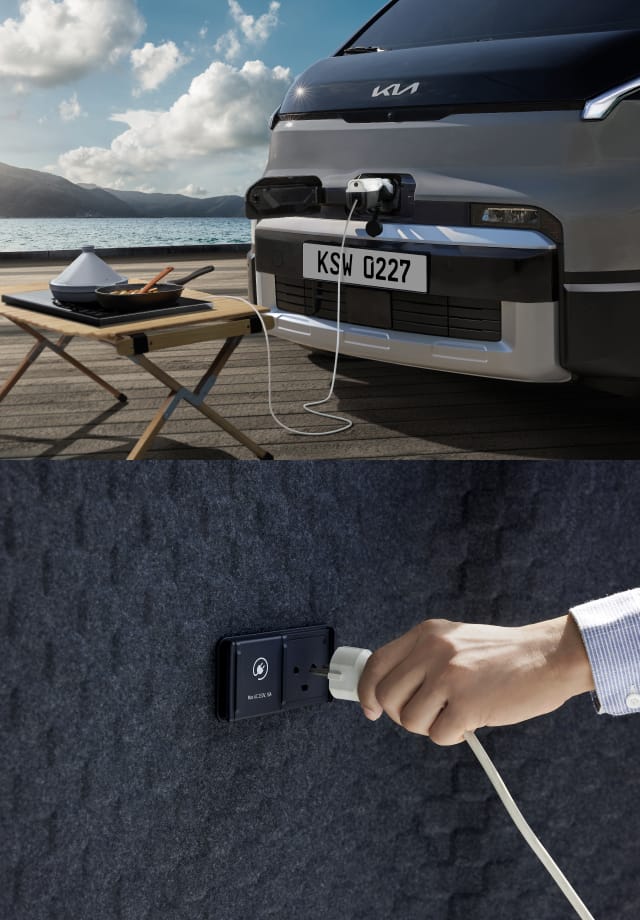 Nahaufnahme der Kia PV5 Cargo V2L-Funktion von Innen und Außen.